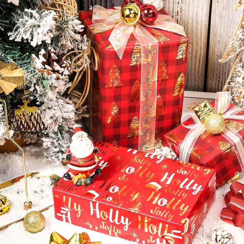 LeZakaa Red Gold Christmas Wrapping Paper Mini Roll, Christmas Tree Buffalo Plaid, Holly Jolly, Wreath Metallic Foil Holiday Gift Wrap, Arts Craft, for Xmas Winter Party, 17 x 120 inches, 3 Rolls - Image 3